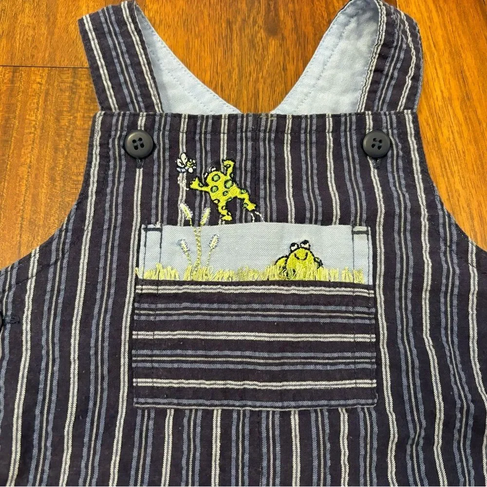 Carters vintage blue stripe embroidered frog seersucker overall shorts